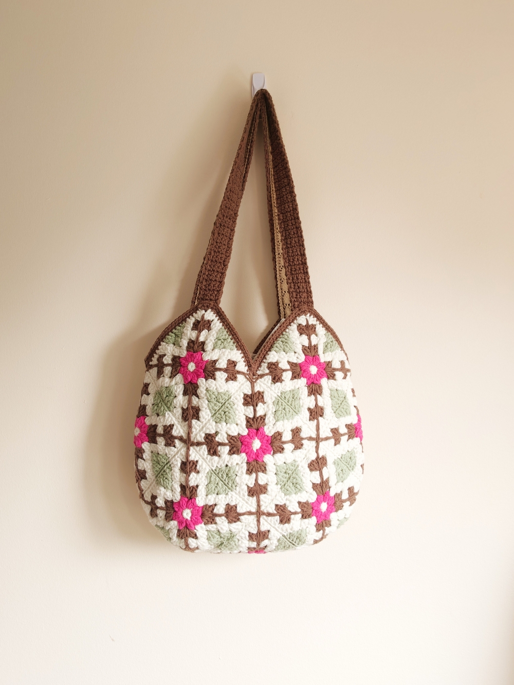 Crochet Crescent Shoulder Bag in Brown, White, Green & Blue